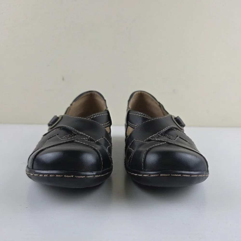 Clarks Ashland Spin Q Mary Jane Shoes Black Leather Cross Strap Womens Sz 6.5 M